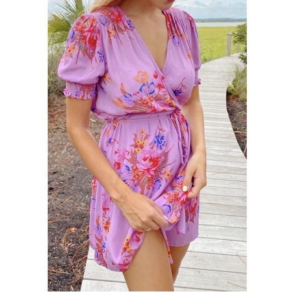 NWT! UO Anna Crepe Purple Floral Wrap Mini Dress - Picture 6 of 6